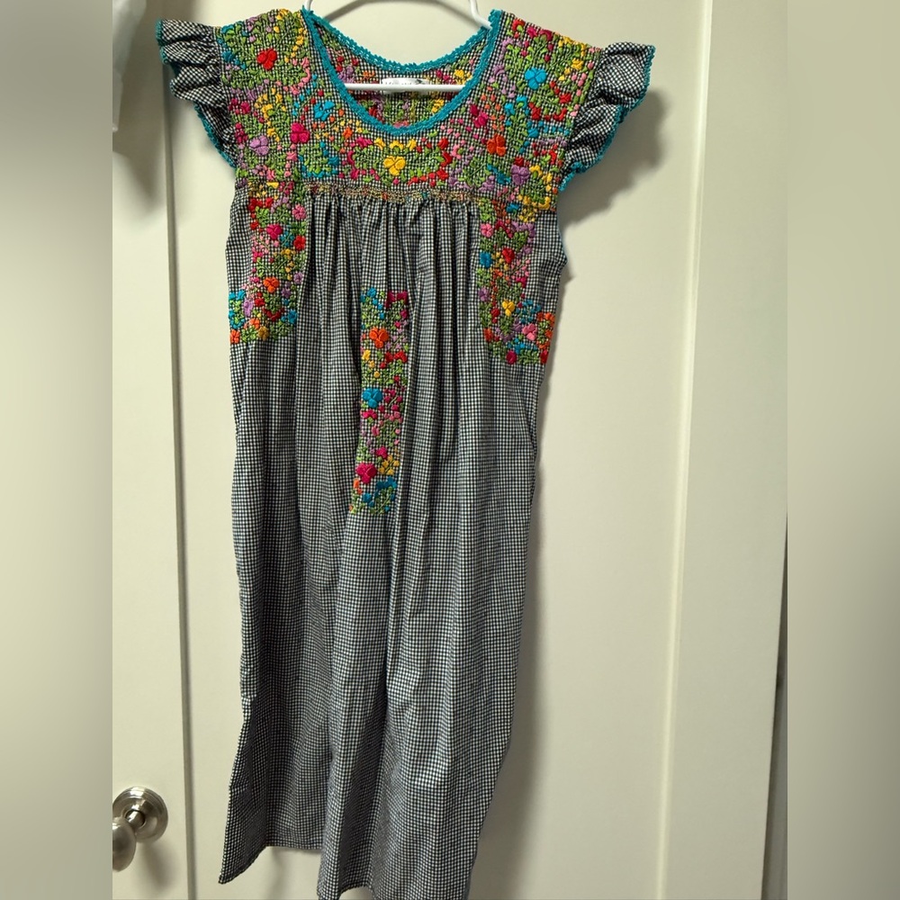 Embroidered Midi Dress in Black Gingham with Multicolor Floral Yoke